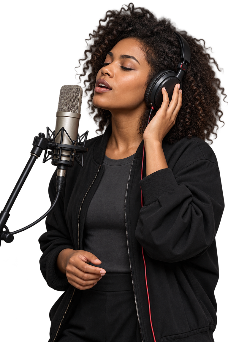 Music creator humming into a studio microphone while listening through headphones