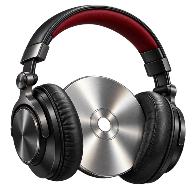 Studio headphones around a mastered audio disc