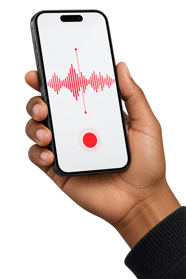 Hand holding a phone with a voice memo waveform ready to upload
